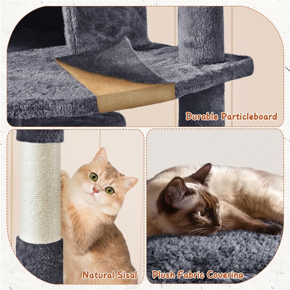 Yaheetech krabpaal voor katten - 3 kattenhuisjes - 194 cm hoog - donkergrijs