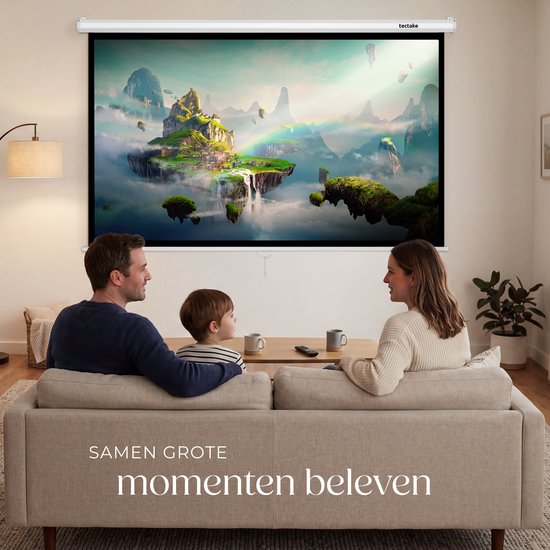 tectake® Beamer Scherm - 84 Inch (214 cm) - 16:9 Projectiescherm - Wand of Plafond Montage - 4K HD - Oprolbaar - Uittrekbaar - Projectiedoek - Presentatiescherm - Home Cinema - Inclusief Montagemateriaal