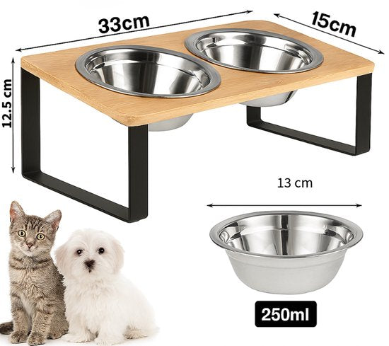 Ceruzo Dubbele Voerbak - Kleine Honden - RVS - Bamboe-Metaal Standaard -33x15x12.5 cm