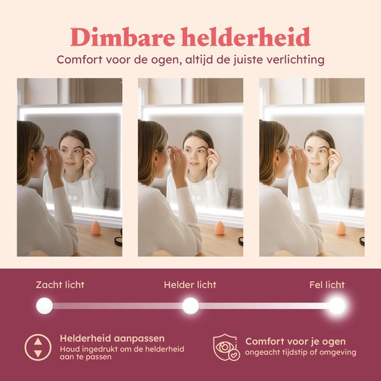 Fraay® Hollywood Spiegel met Verlichting 60x50cm - 3 Lichtstanden - Make Up Spiegel met 10x Vergrootspiegel - LED Strip Verlichting Dimbaar - Incl. 2 Beauty Blenders en Powder puff