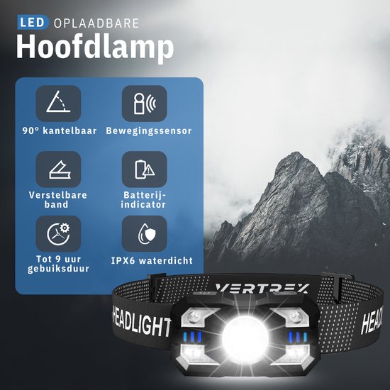 Vertrex Hoofdlamp LED Oplaadbaar - Hoofdlampje - Hoofdlampen - Koplamp - hoofdzaklamp - Wit & Rood Licht
