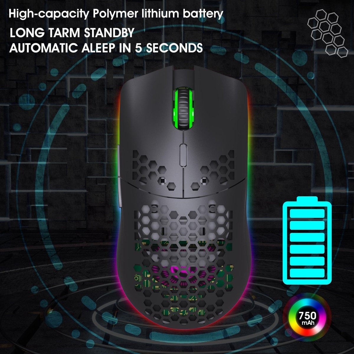 HXSJ T66 2.4G Draadloze Gaming Muis - Ultra licht - RGB Verlichting - Zwart