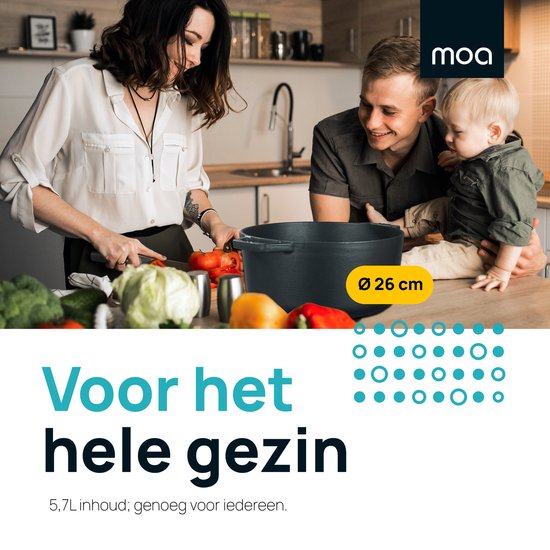 MOA Gietijzeren Braadpan - 5,7L - Voor Alle Warmtebronnen incl. Inductie - Met Deksel - Ø 26cm - Anti-Aanbaklaag - Zwart