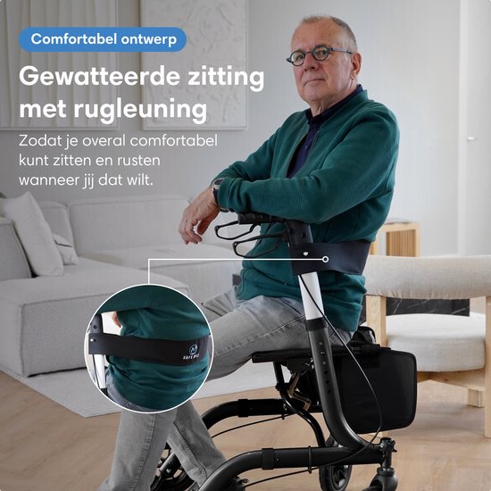 SafeLife® Rollator lichtgewicht en opvouwbaar - zitfunctie - voor binnen en buiten - Rugleuning en wandelstok houder - Zwart