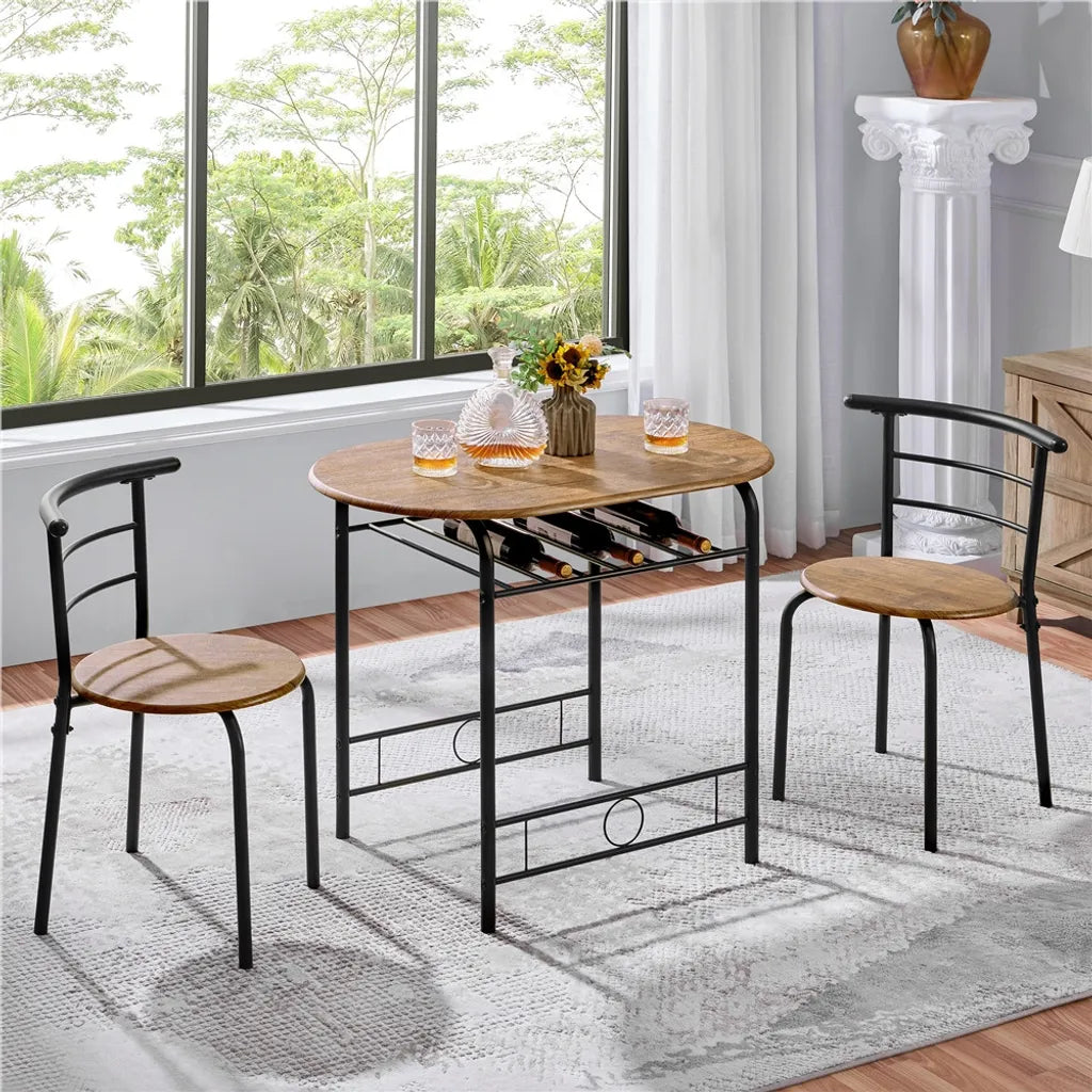 Yaheetech Eethoek 3-delig - Bruin - Eettafel met Opbergplank en 2 Stoelen voor 2 Personen
