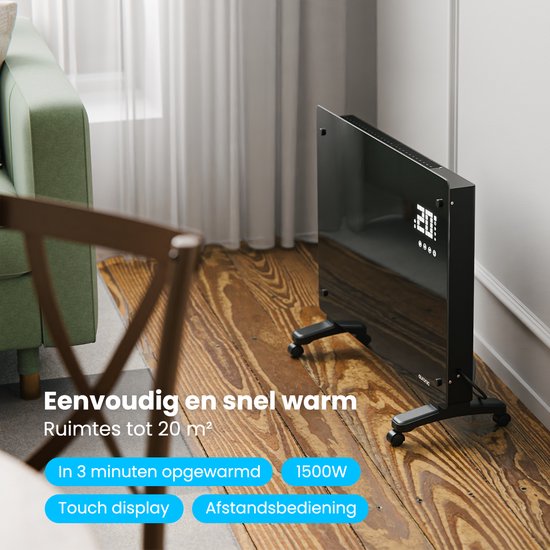 Auronic Elektrische Kachel – Convectorkachel met Thermostaat en Afstandsbediening - Glazen Paneelverwarming - 1500W Heater - Zwart
