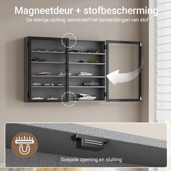 SoBuy Wandvitrine – 4 Verstelbare Legplanken – Glazen Deuren – 80 x 12,2 x 60 cm – Zwart/Grijs