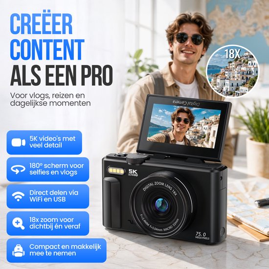 Strex Digitale Camera 5K 75MP - Fototoestel - Compactcamera met Wifi - Vlog Camera - Fotocamera voor Kinderen - 18x Zoom - Draaibaar Scherm - Zwart