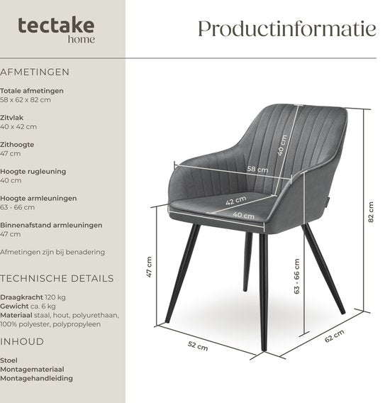 tectake®- Fluwelen stoel met gestikt patroon - Moderne eetkamerstoel - Kuipstoel - Woonkamer, eetkamer, lounge of kaptafelstoel - Div. kleuren - Grijs/zwart