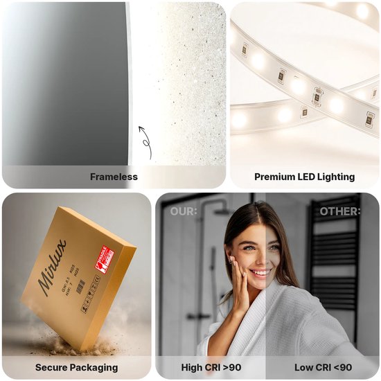 Mirlux Badkamerspiegel met LED Verlichting – Wandspiegel Asymmetrisch – Anti Condens Douchespiegel - 120 x 60 cm
