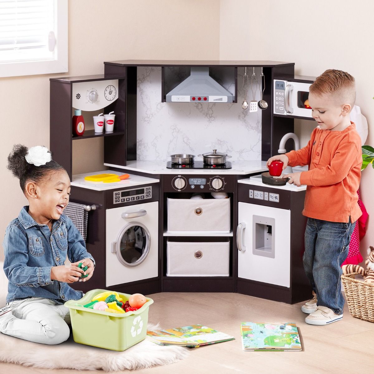 Coast Houten Speelkeuken voor Kinderen - met licht en geluid - waterdispenser en wasmachine - zwart