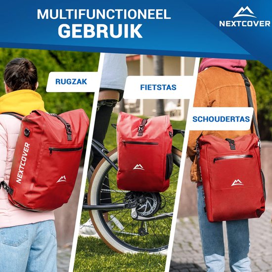 NEXTCOVER® NIEUW 3-in-1 fietstas voor bagagedrager [Aquashield] - Reflecterend bagagedragertas waterdicht - rugzak en schoudertas [25 liter]- Rood