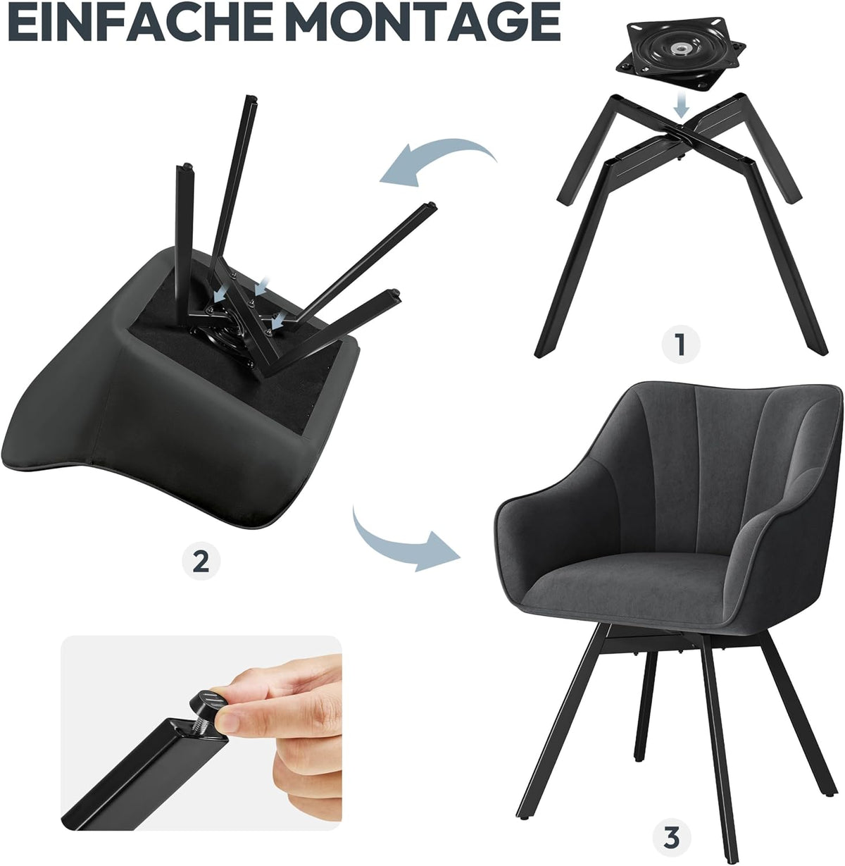 Yaheetech Eetkamerstoel Draaibaar 360° met Armleuningen - Fluweel - 55x58,5x82 cm - Donkergrijs