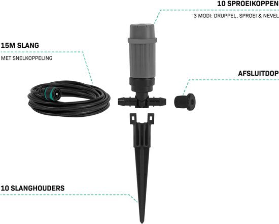 VONROC Watertimer en Irrigatiesysteem – Complete starterset – automatische bewateringsset/druppelsysteem – digitale watertimer – 3 sprinklerstanden: druppelen, vernevelen & sproeien – Incl. 15m slang, 10x sprinkler/waterdruppelaar, 10x slanghouder