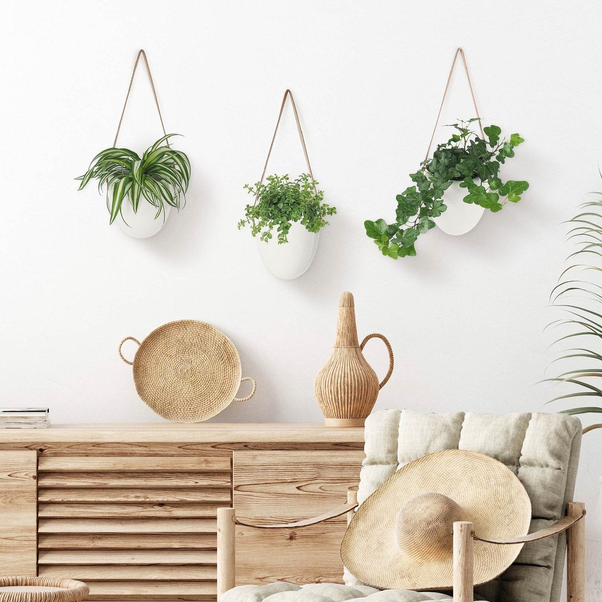 Gadgy Plantenhanger Keramiek – Set van 3 – Wit Steen- Hangpot – Hangende Bloempot Plantenpot - met 3 verschillende Koorden – 12 x 11 x 9.5 cm
