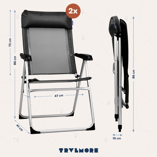 TRVLMORE Campingstoelen - Opvouwbaar - 2-Pack - 110KG Draagvermogen - Verstelbaar - Klapstoel - Visstoel - Kampeerstoel - Vouwstoel - Zwart