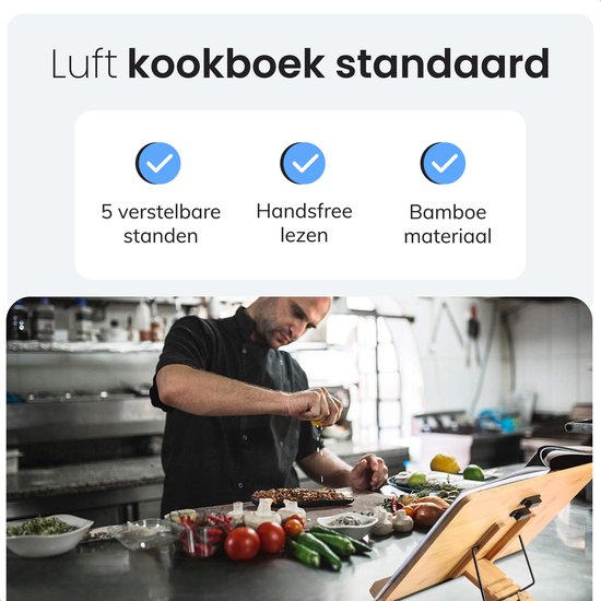 Kookboek en tablet standaard - Verstelbaar met klemmen - Boeken - Steun - Standaard - Rek - Houder - Book - Steunen - Metaal - Hout - Bamboe - Lees - Rekje - Luft