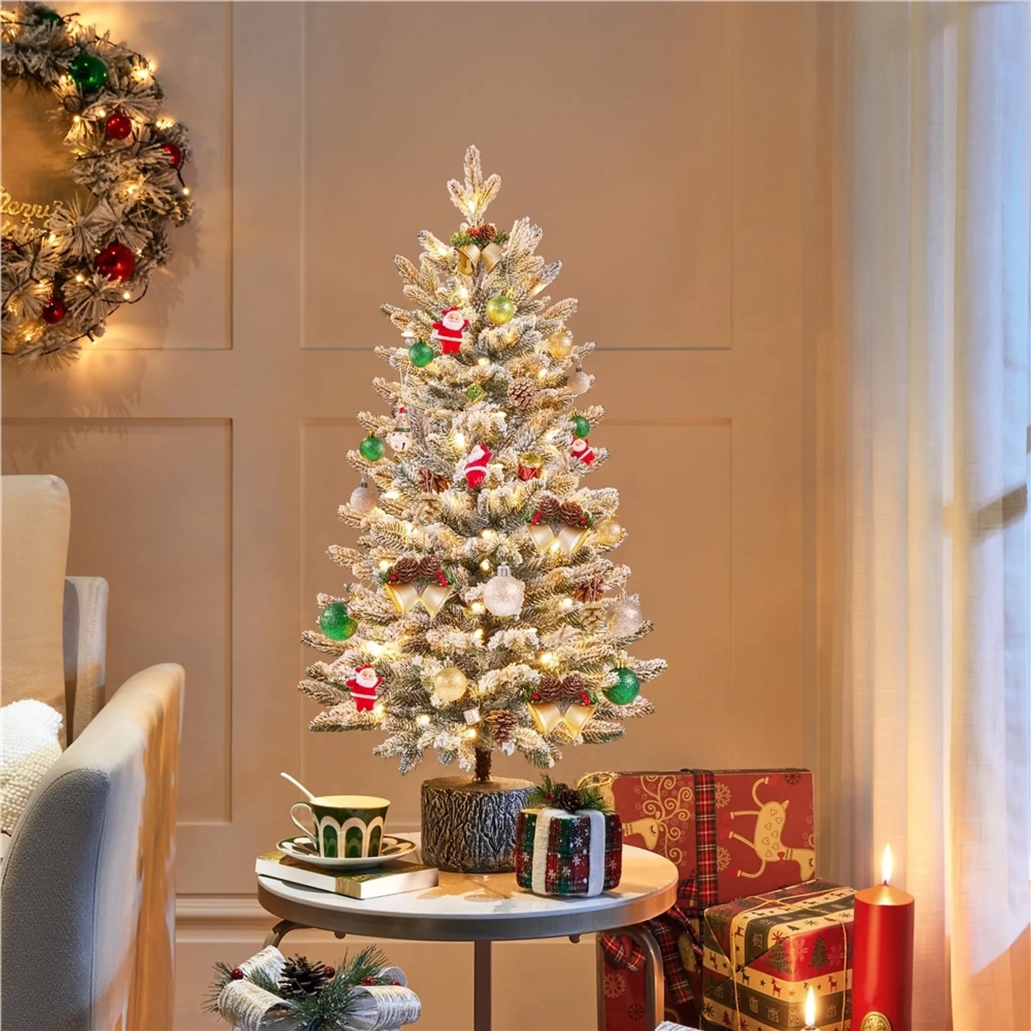 Yaheetech Tafelkerstboom Met Sneeuw En Verlichting – Φ55 x 92 cm – Voorzien Van 355 Takken En 50 LED-Lampjes En Realistische Boomstam – Voor Vensterbank En Buiten – Groen PVC En Metaal
