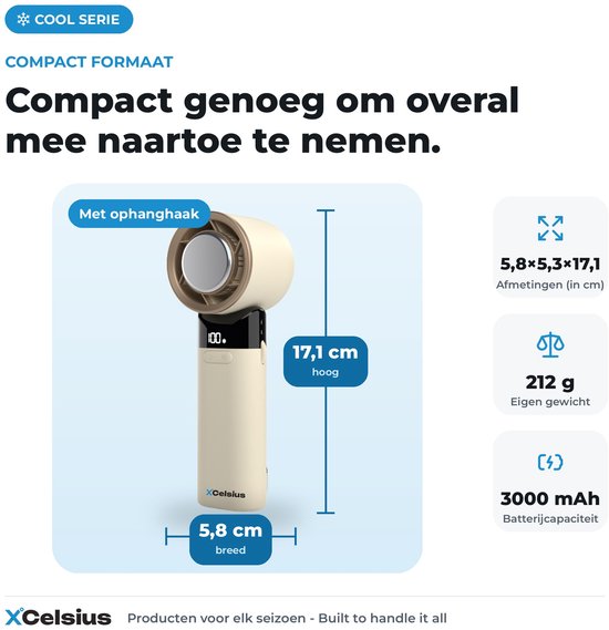XCelsius® Handventilator - Draagbare Mini Ventilator Opvouwbaar - Oplaadbaar met USB-C - 0% tot 100% traploos instelbaar - Met Instant Koelplaat - Beige/Crème