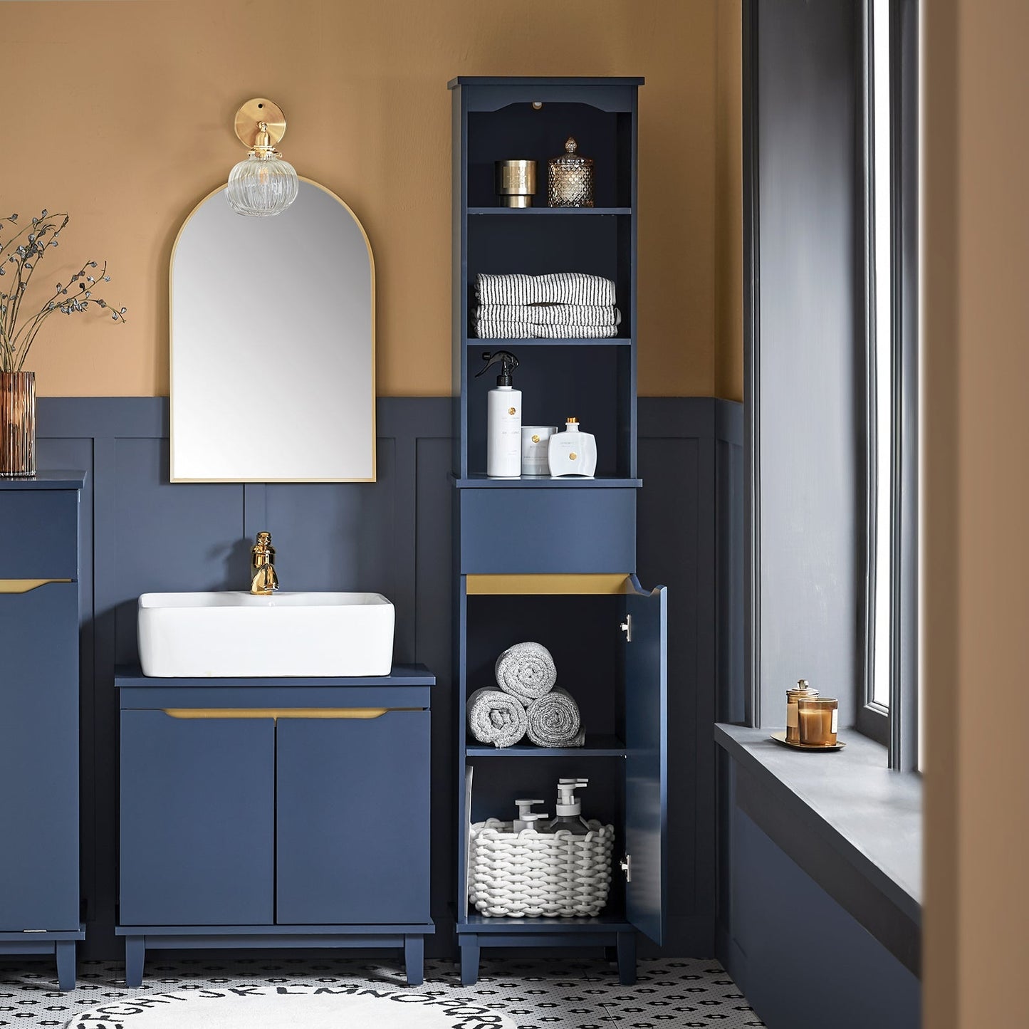 SoBuy Badkamer Kolomkast - Hoge kast - 3 Plank - 1 Deur - 35 x 30 x 170 cm - Blauw