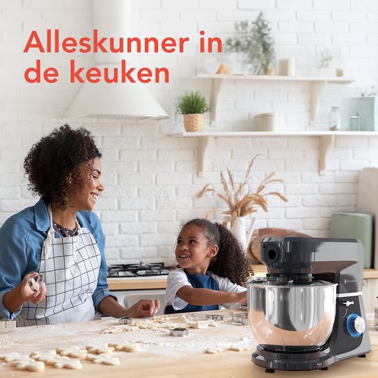 KitchenBrothers Keukenrobot - 6-in-1 Keukenrobot - 1500W - Met Gehaktmolen, Blender en 15 Accessoires - 6,2L RVS Kom - Antraciet