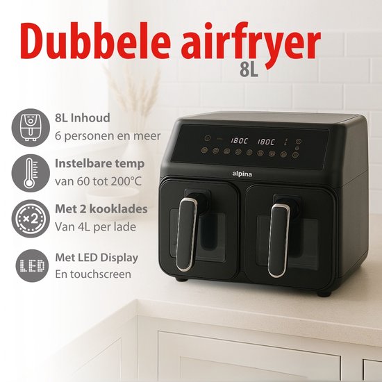 alpina Dubbele Airfryer XXL - Heteluchtfriteuse 2x4L - Air Fryer met Digitaal Touchscreen - Heteluchtoven voor 6 Personen en Meer - 8 Kookprogramma's - Sync-Modus - Timer Functie
