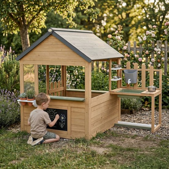 AXI Lizz Speelhuis Bruin/antraciet – Houten Speelhuisje met Speelkeuken, Krijtbord, Spiegel, Bloempotten en accessoires – FSC hout – Tuinhuisje voor Kinderen – 10 jaar garantie
