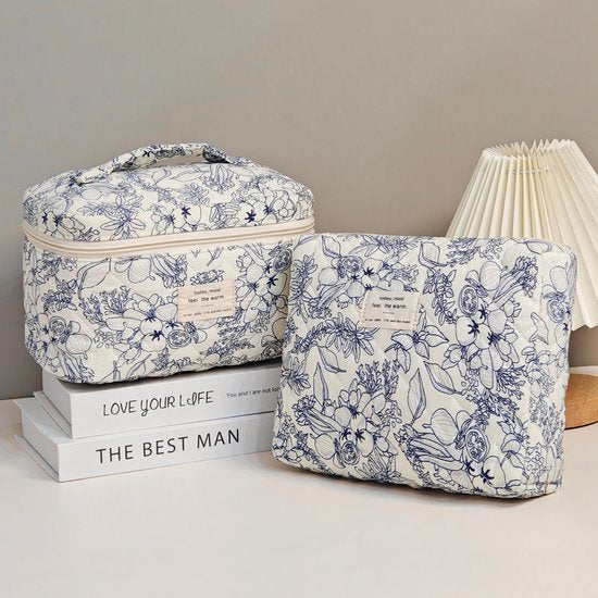 SC Travel Essentials - 3-delige Make-up Tas Set - Eco-vriendelijk Katoen - Gewatteerde Gebloemde Organizers - Ruim, Duurzaam en Ideaal voor Reizen