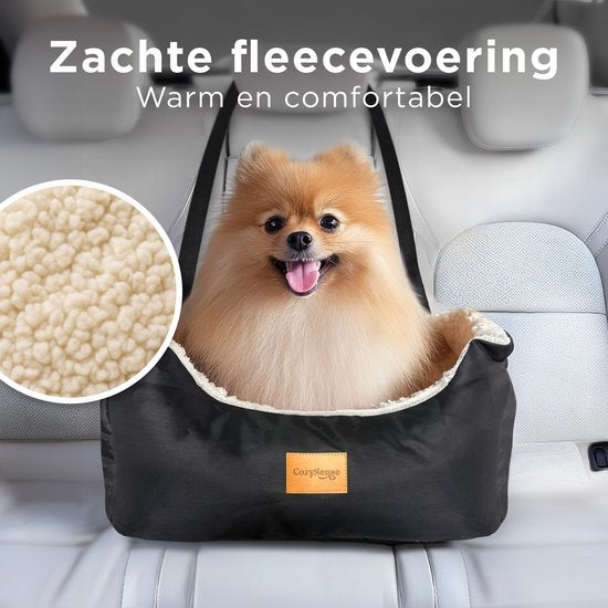 CozySense® Honden Autostoel - Hondenmand Auto voor Kleine Hond - Voorbank & Achterbank - Met Veiligheidsriem, Opbergvak & Wasbare Hoes - Zwart/Beige