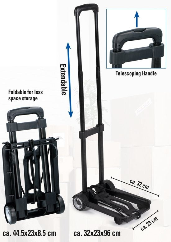 Kinzo - Opvouwbare steekwagen - Met uitschuifbare handgreep - Max. 40 kg - Zwart