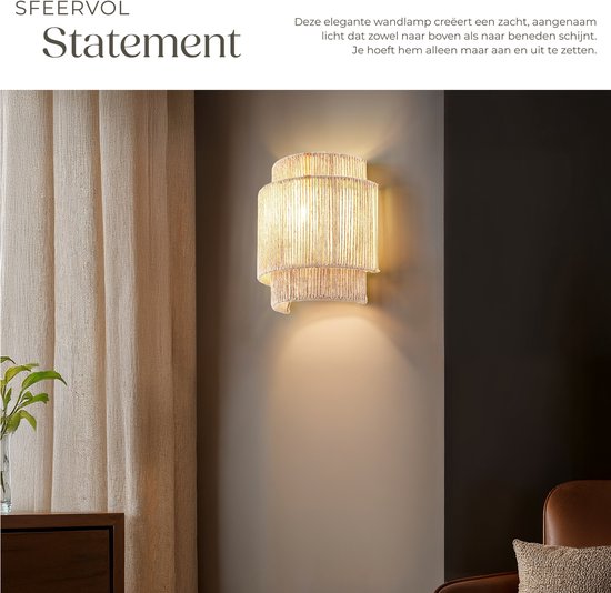 tectake® Wandlamp Lignea Lux - 40W - 12 x 23 x 25,5 cm - E14 - Muurlamp voor Woonkamer, Slaapkamer, Eetkamer - Jute Lamp in Boho Stijl - Trapverlichting - Halfrond