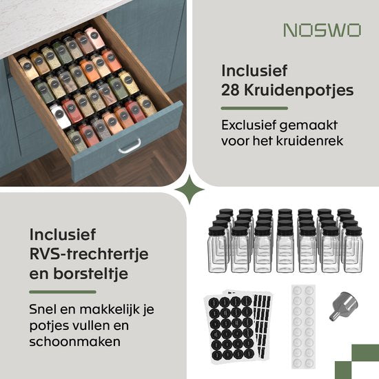 Noswo Kruidenrek Lade - Met 28 Potjes - Complete Set - Vierkant - Strooideksel en Labels - Kruiden Organizer - Keukenlade Organiser - Zwart
