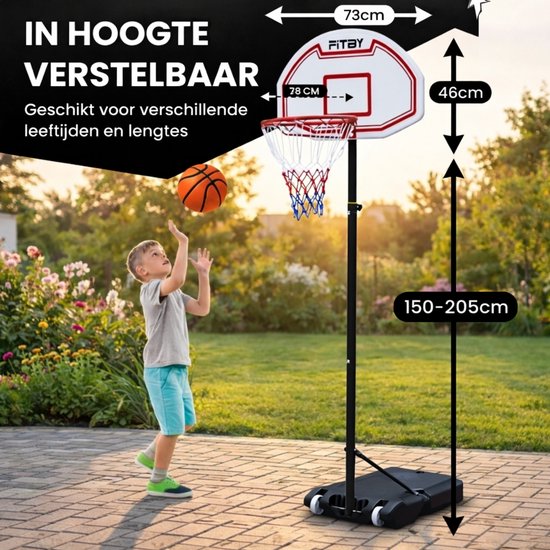Fitby Basketbalpaal - Basketbalring met standaard - Verstelbaar - 150-205 cm - Stevig Voetstuk met wieltjes