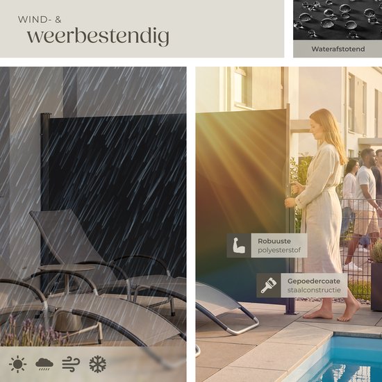 tectake® Uitschuifbaar Windscherm met Oprolmechanisme - 300 x 160 cm - Zijluifel met Aluminium Frame- Zonnescherm - Tuinscherm - Zwart Balkonscherm - Ondoorzichtbaar Privacyscherm - Markiesdoek