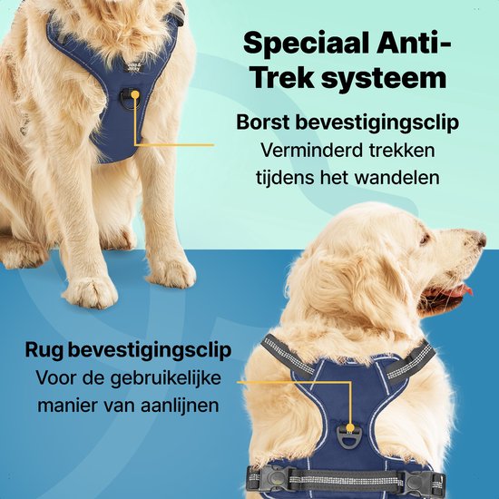 Jake and Jacky Hondentuigje - Anti-Trek Tuig - Hondenharnas - Y Tuig Hond - Reflecterend - Blauw - Maat XL
