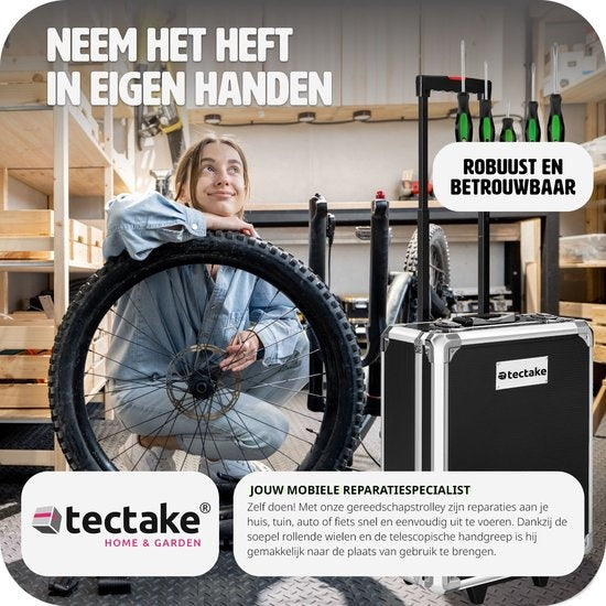 tectake® gereedschapskoffer, gereedschapsset, gereedschapskoffer gevuld 1200-delig, gereedschapstrolley, gereedschapskist met 4 niveaus, aluminium koffer met wielen en telescoophandgreep - zwart