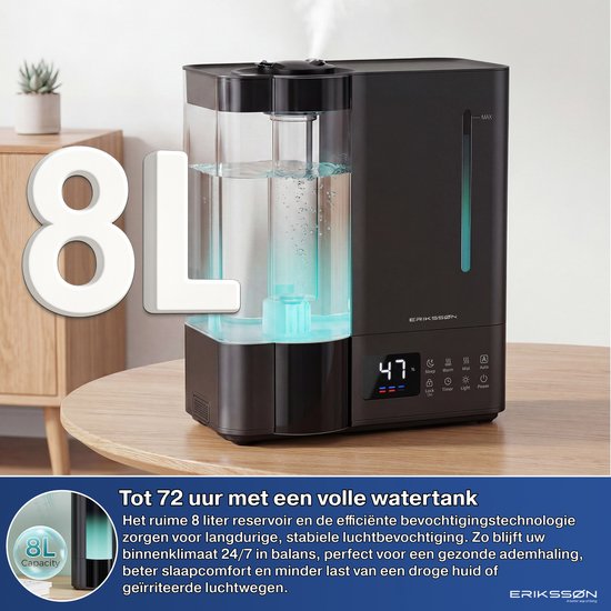 Erikssøn Luchtbevochtiger Elite - 8 Liter - Geschikt voor Woonkamer, Kantoor, Slaapkamer, Babykamer - Humidifier - Met Aromatherapie - Zwart