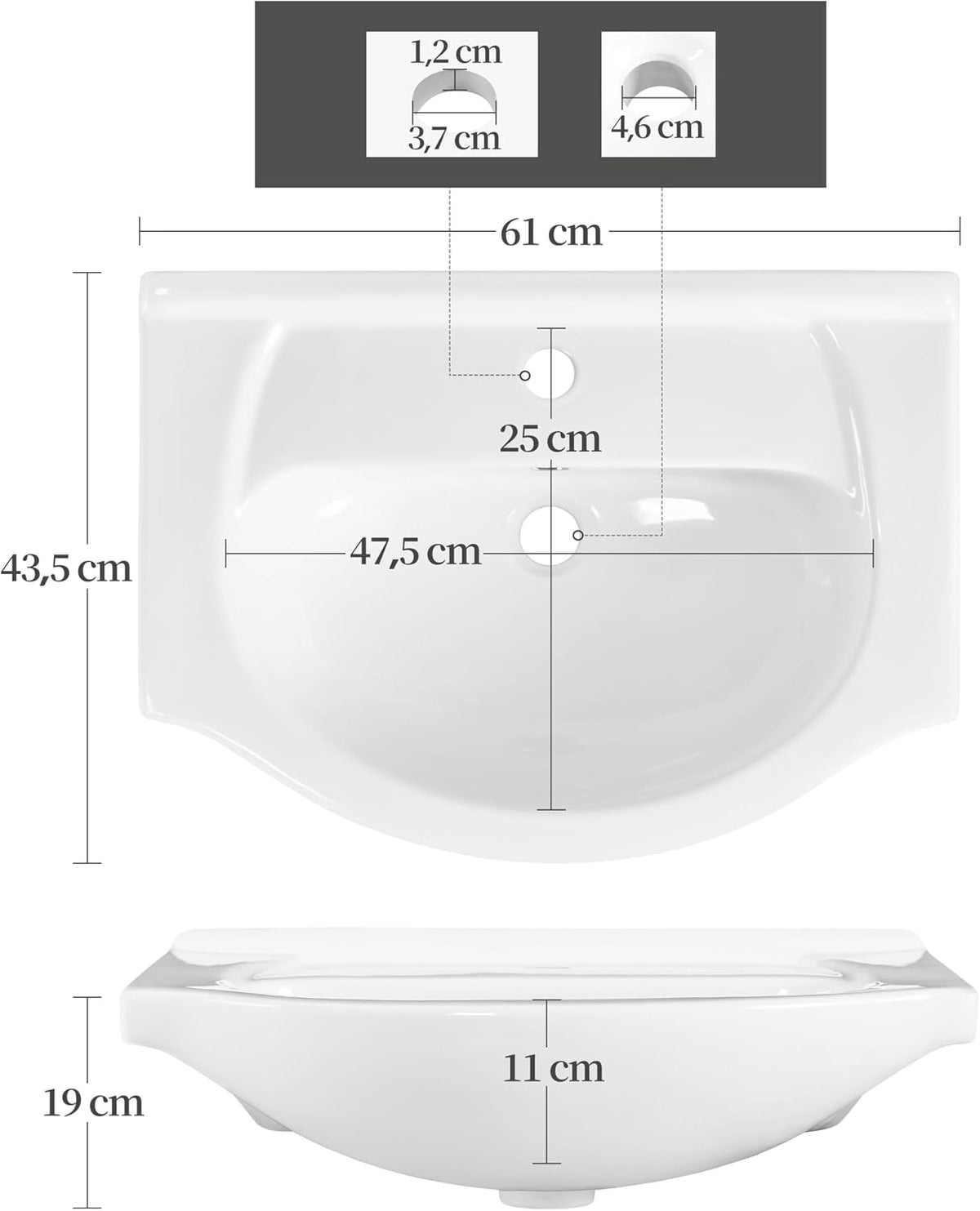 Yaheetech Badkamermeubel met Wastafel - Wit Hoogglans - 61 x 43,5 x 84 cm - Vrijstaand, Keramische Wasbak