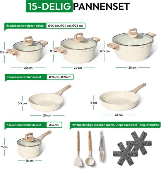 Just Perfecto 15 Delige Pannenset Inductie - Beige Pannenset Met Deksel Voor Gas en Inductie - PFAS vrij - Koudgrepen