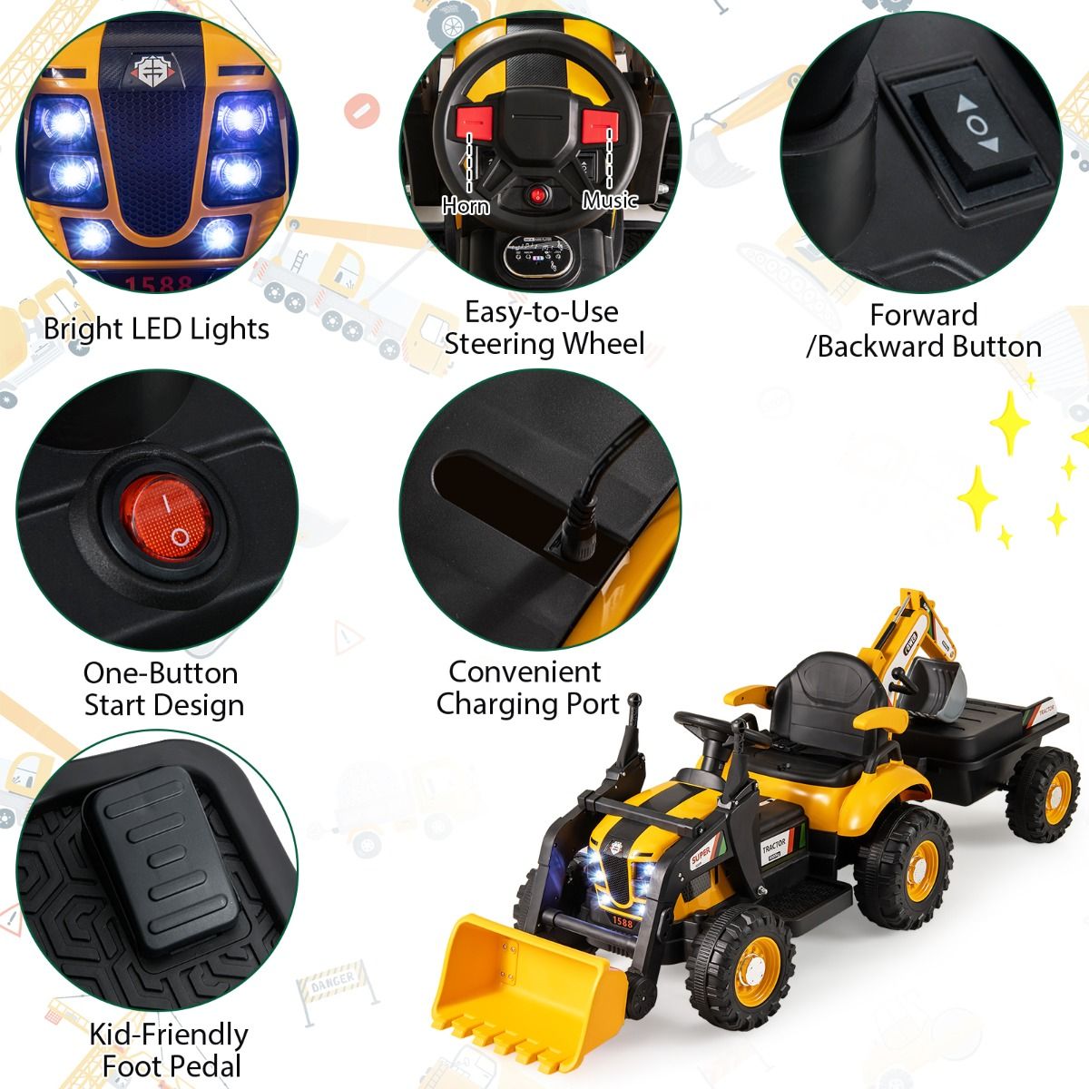 Coast Elektrische Kindertrekker met Aanhanger - Graafmachine en Schep - Afstandsbediening - Geel