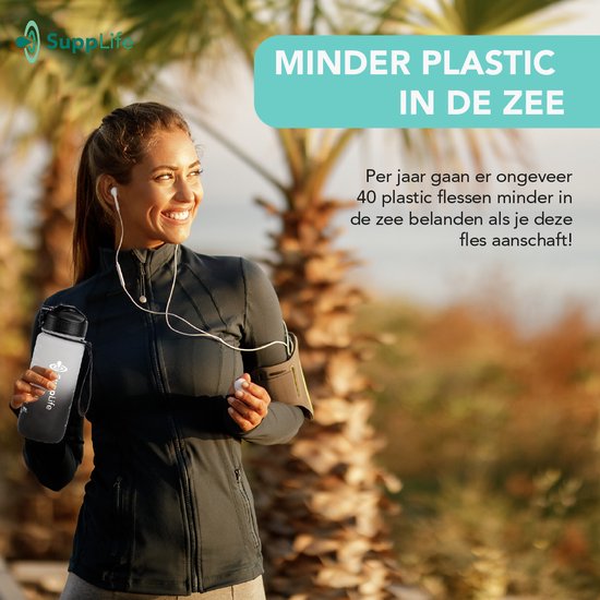 Supplife Motivatie Waterfles - 600 ml Drinkfles - Waterfles met Tijdmarkering - Met Rietje - Volwassenen - Kinderen - Wit Zwart