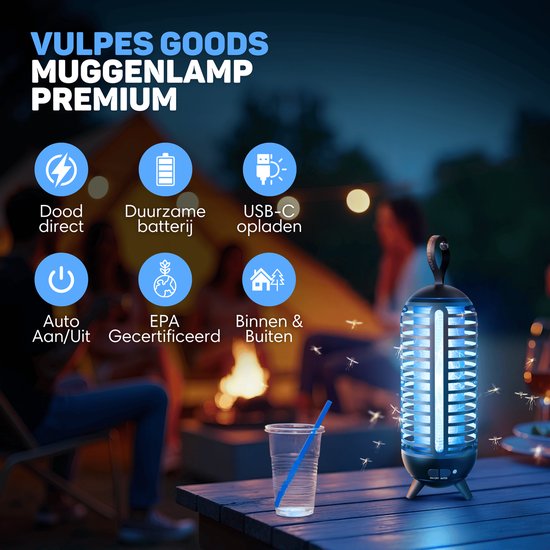 Vulpes Goods® Verjager - Muggenlamp Oplaadbaar - Elektrische Insectendoder - Vliegenlamp - Insectenlamp - UV stand & Nachtlamp - Ophangbaar - Waterdicht - Incl. opvangbak & schoonmaakborstel