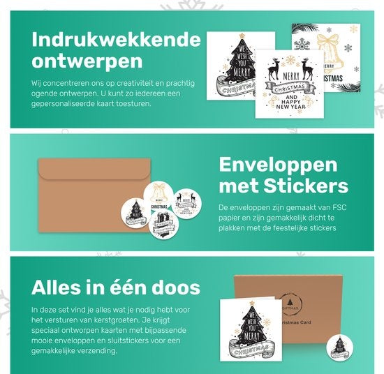 Giftmas Kerstkaarten - Wenskaarten - 52 Stuks - Met Enveloppen en Stickers - 10x10cm