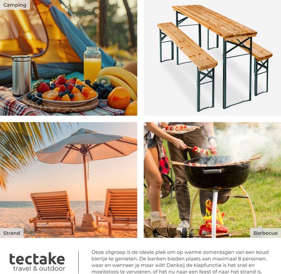 tectake® - Biertafel met 2 banken - 8 personen - 170 cm lang - 3-delige biertafelset met inklapbare tafel en banken - Tuintafel - Bierbank Oktoberfest