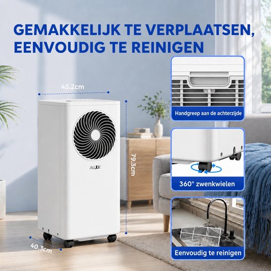 AUX 3-in-1 mobiele airconditioner 9000 BTU (Tot 36m2) , energieklasse A, wifi & afstandsbediening, 4 standen, zelfdemping, koelmiddel R290, wasbaar filter, inclusief raambeugel