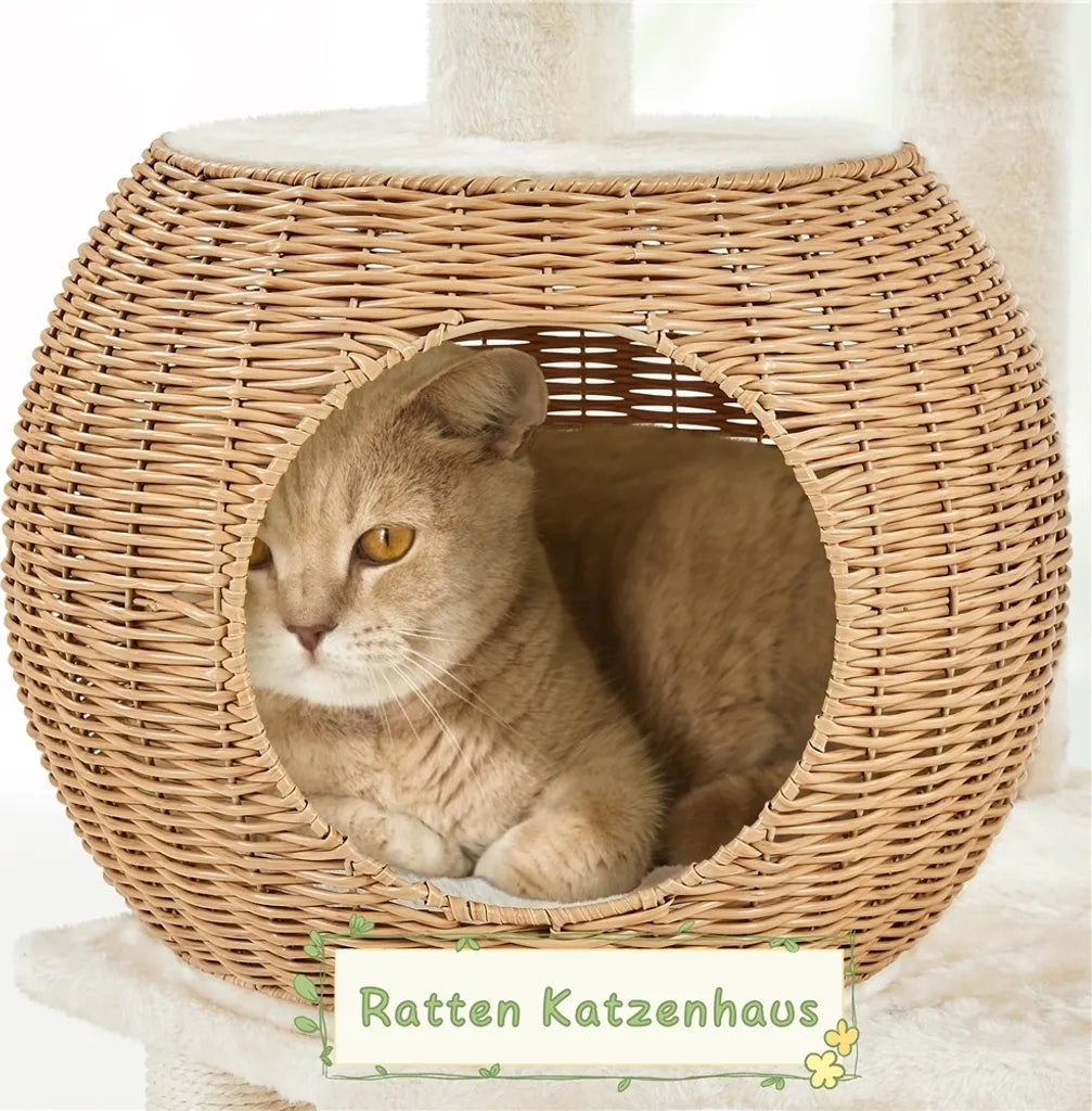 Yaheetech Krabpaal 137,5 cm Rattan met Kattenhuis, Beige
