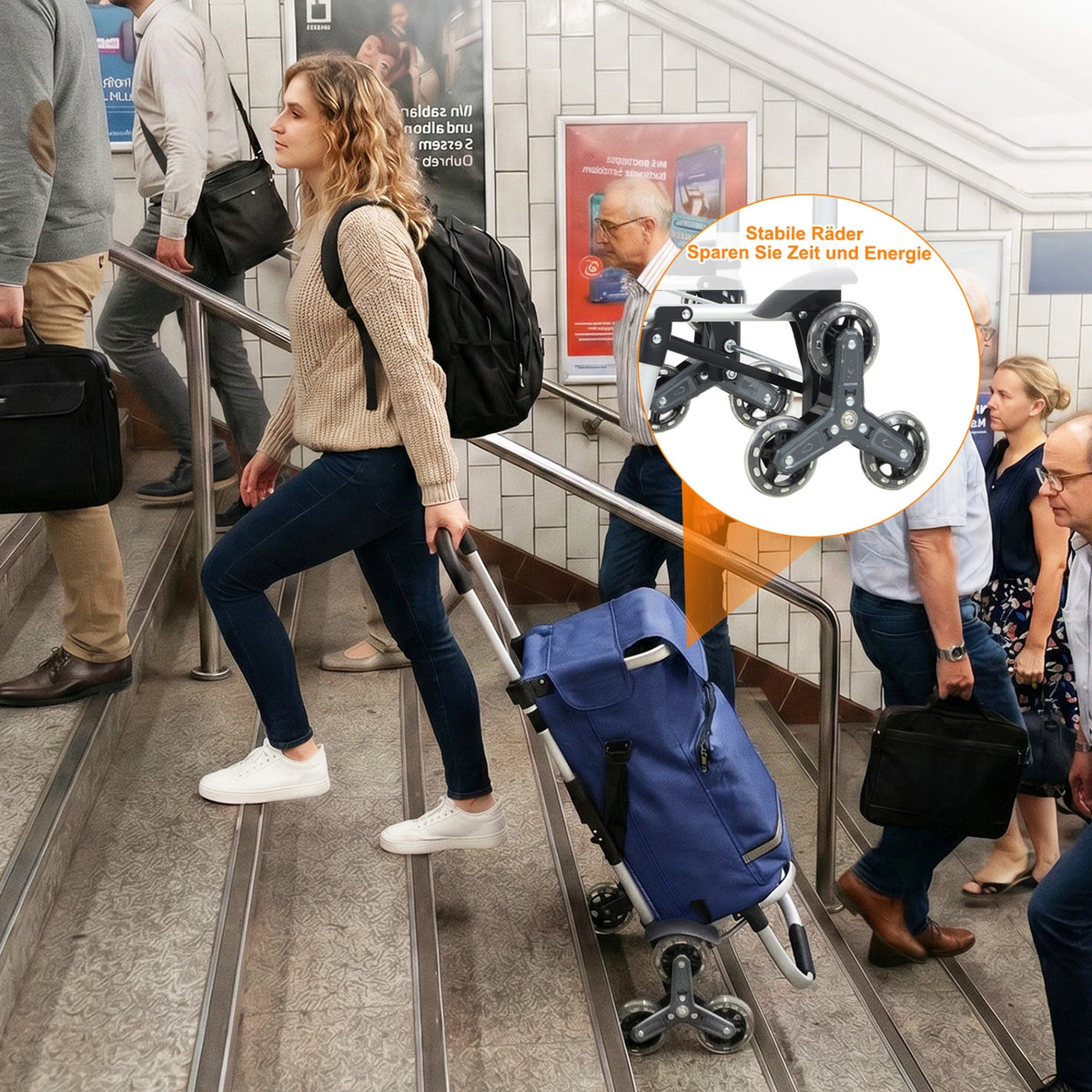 Opvouwbare Boodschappentrolley Traploper 60 L - 3-in-1 met Koelvak en 6 Wielen - Aluminium Frame - Blauw - 36 x 42 x 98 cm