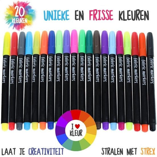 Strex Textielstiften - 20 stuks - Kleding stiften - Textielmarkers - Textiel Stiften
