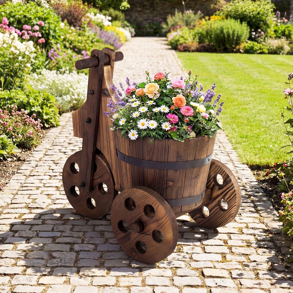 Coast Houten driewielige plantenbak - tonvormig - met afwateringsgat - bruin 47 x 32 x 43,5 cm