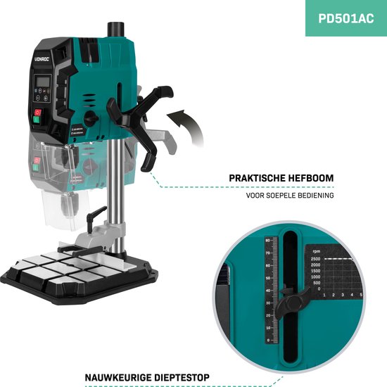 VONROC kolomboormachine 900W – tafelboormachine – digitaal bedieningspaneel met LCD scherm - kruislijnlaser en LED werkverlichting - Incl. snelspanklem, boorklem en parallelgeleider